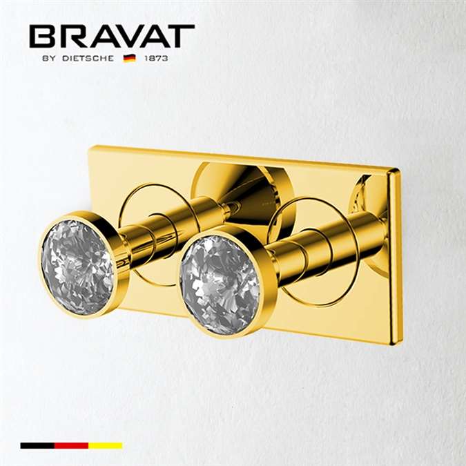 Bravat Two Crystal Handle Thermostatic Bathroom Shower Mixer In Gold Finish