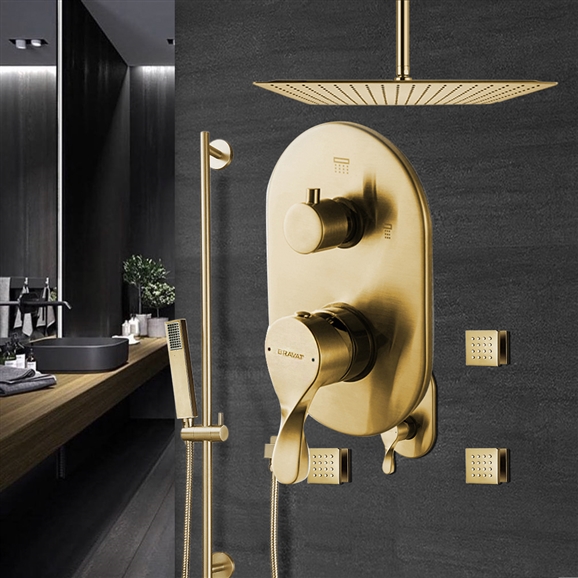 Lima Thermostatic Brushed Gold Shower Set With 4 Pieces SPA Massage Jets And 2-Way Mixer Valve