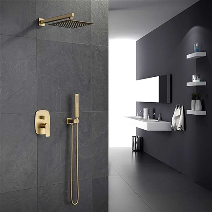 BathSelect Geneva brushed gold rain shower head with handheld