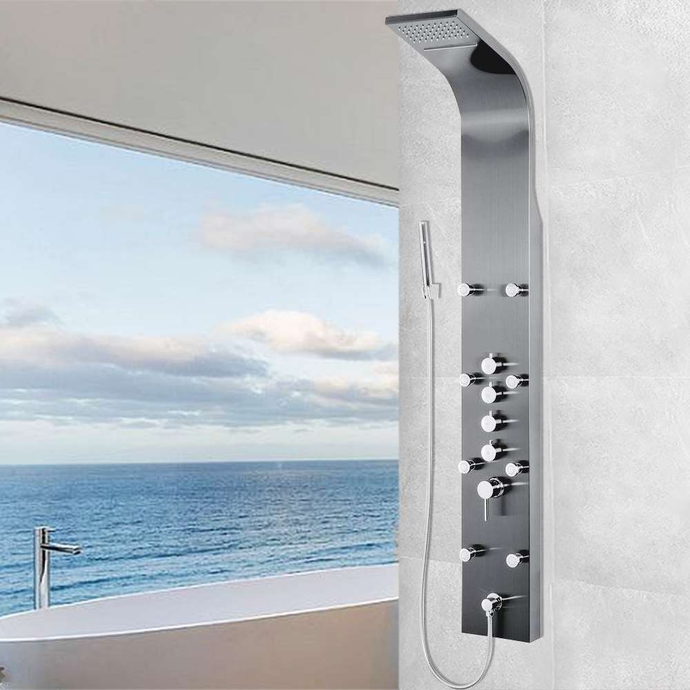 65 inch Shower Panel System in Space Gray Brushed Stainless Steel with Rainfall Waterfall Head and Wand (BST602)
