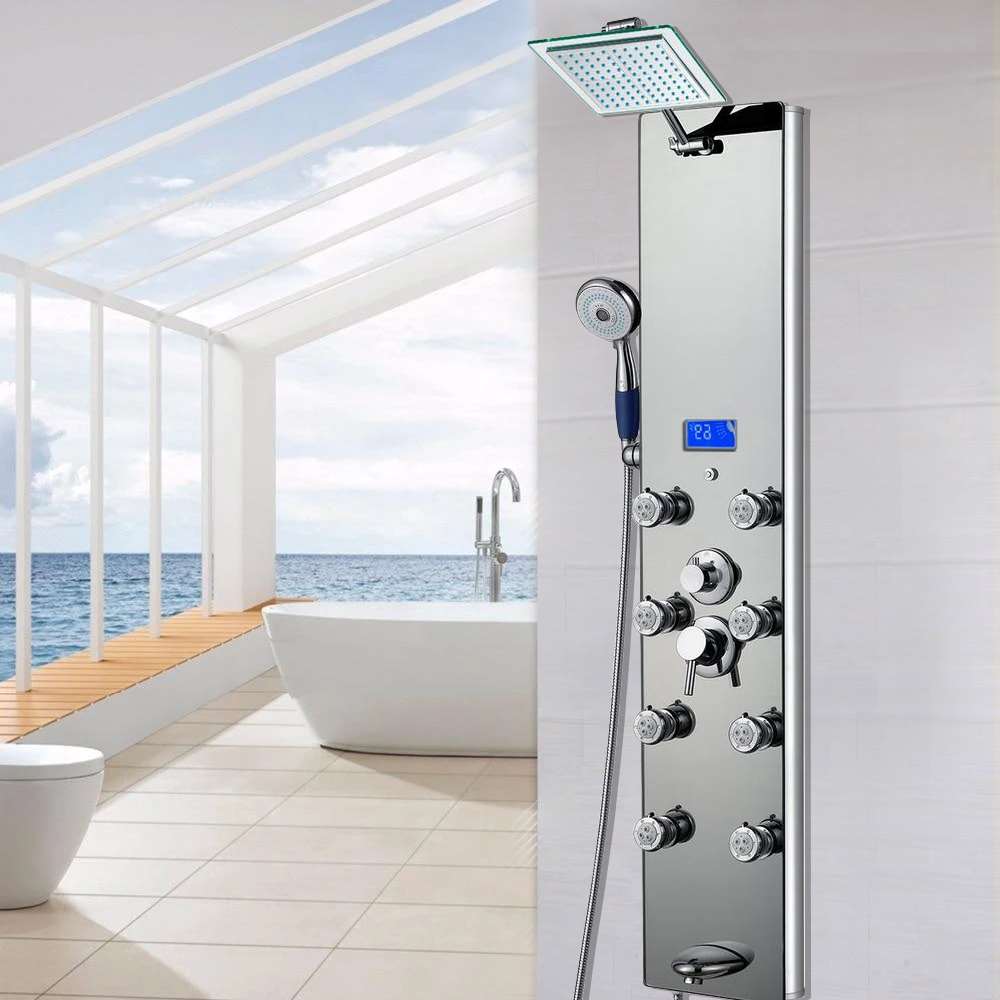 52 inch Shower Panel System in Mirror Silver Tempered Glass with Rainfall, LED Display, Handshower (BST605)