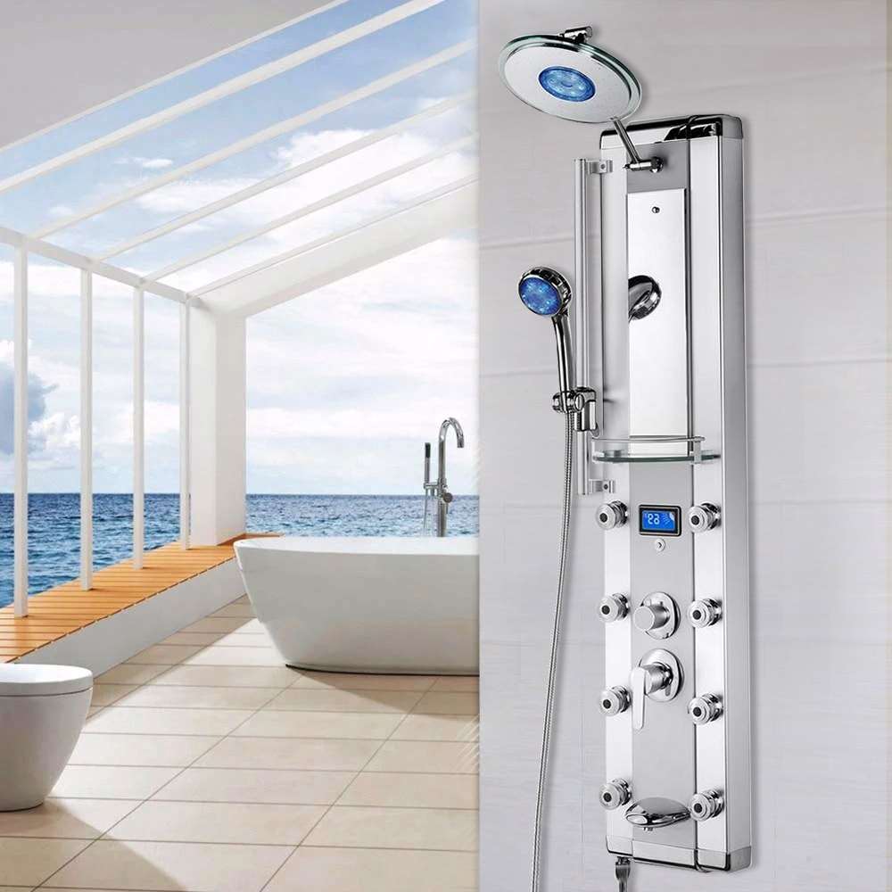 51 inch Aluminum Shower Panel System with LED Rainfall, Wand, Display, Tub Spout and Mirror (BST609)