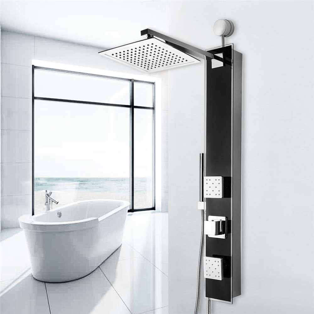 35 inch Shower Panel System in Black Tempered Glass with Rainfall Head and Handheld Wand (BST610)