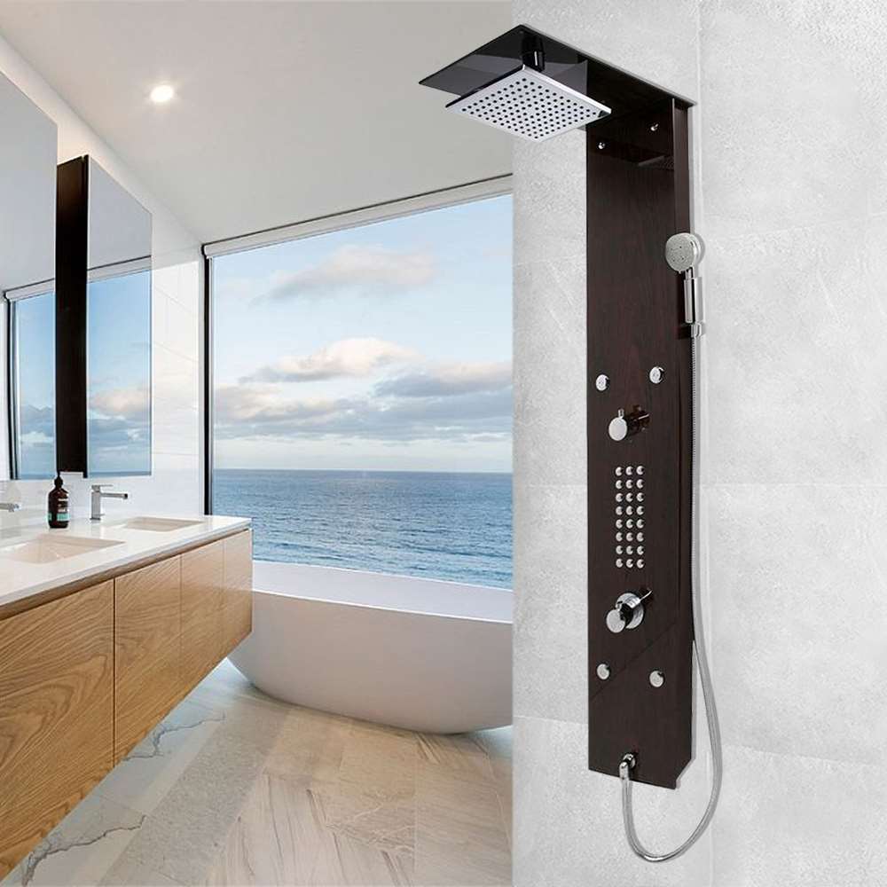 60.75 inch Shower Panel with Heavy Rain Shower and Spray Wand in Mahogany Style Deco-Glass (BST611)