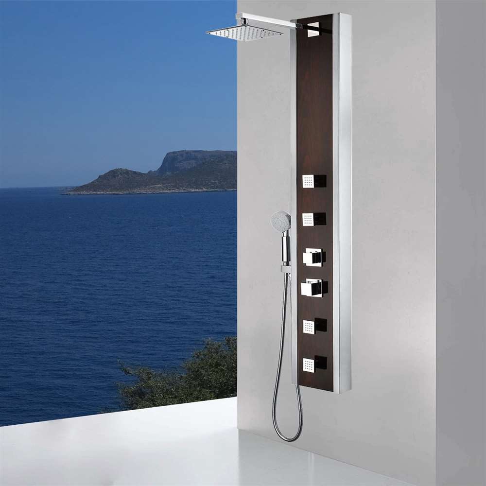 57 inch Full Body Shower Panel System with Heavy Rain Shower and Spray Wand in Mahogany Style Deco-Glass (BST612)