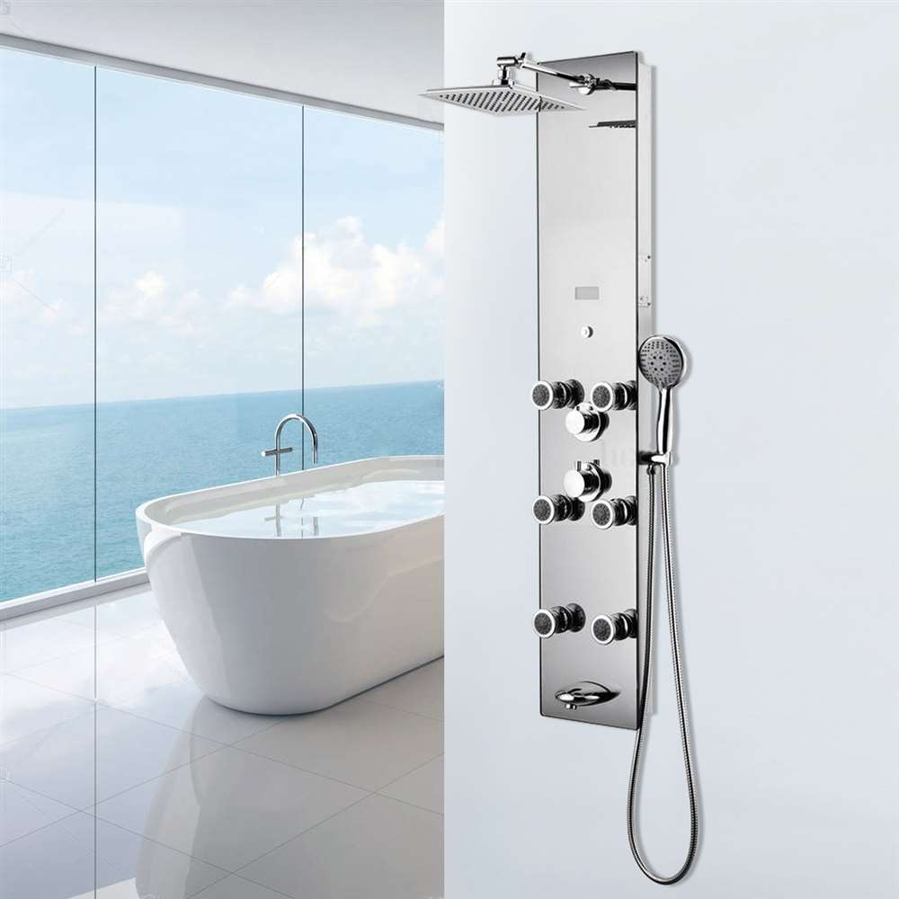 51 inch Shower System Panel in Silver with Rainfall, Hand Shower, Tub Spout and LED Display (BST617)