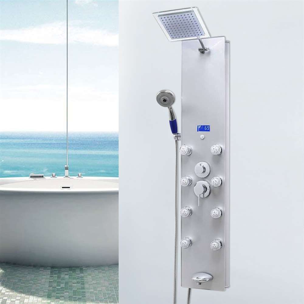 52 inch Shower Panel System in Silver Tempered Glass with Rainfall, LED Display, Handshower, Tub Spout (BST622)