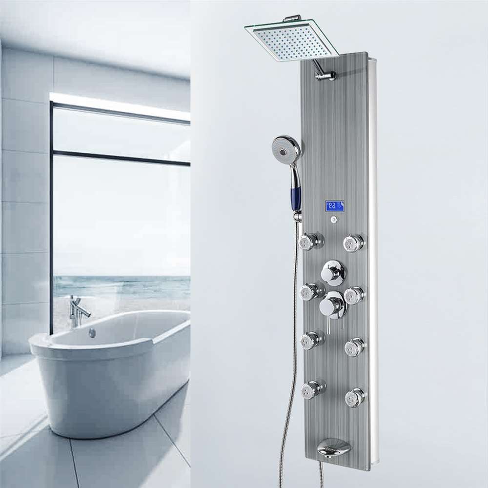 52 inch Shower Panel System in Gray Tempered Glass with Rainfall, LED Display, Handshower and Tub Spout (BST623)