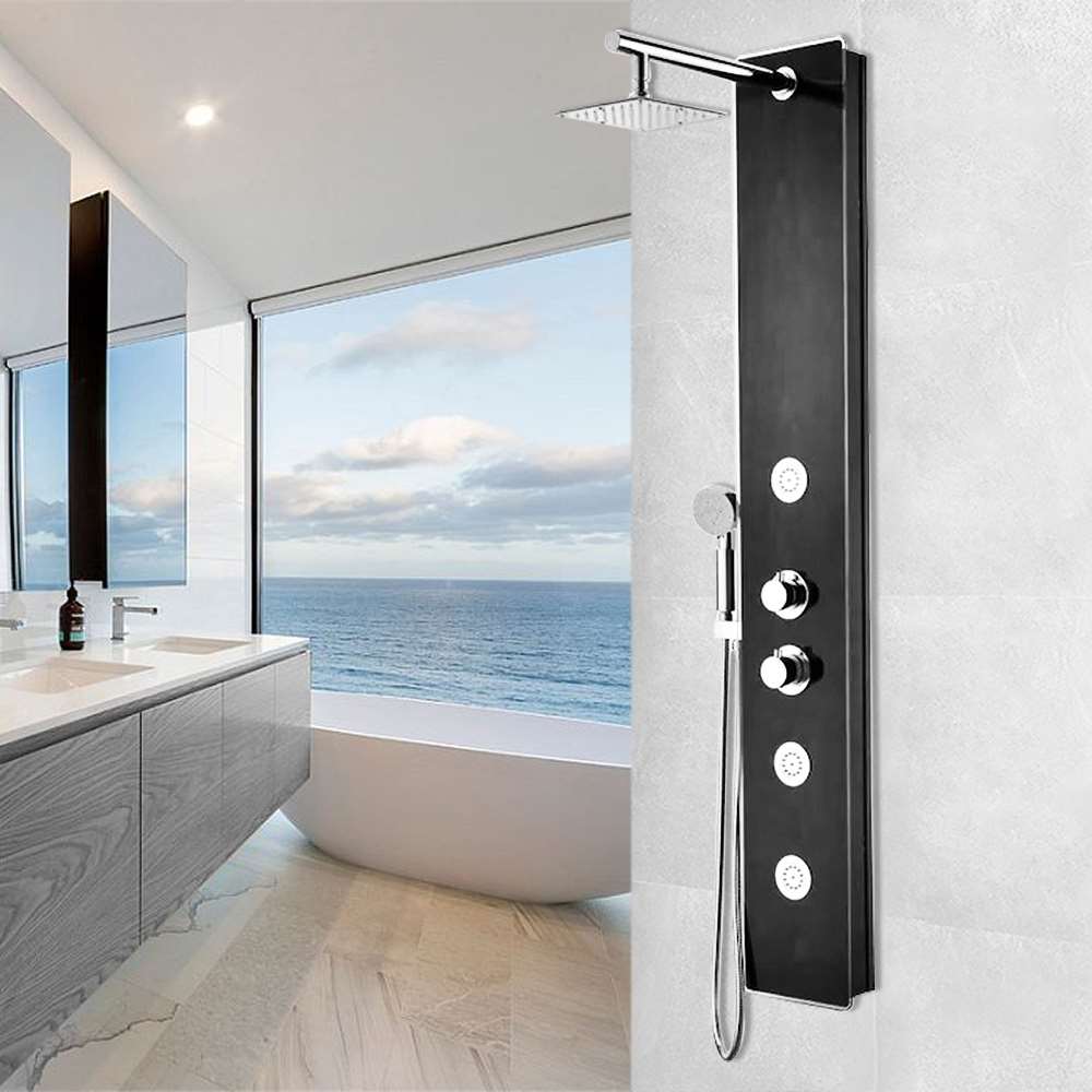 59 inch Shower Panel System with Heavy Rain Shower and Spray Wand in Black Deco-Glass (BST627)