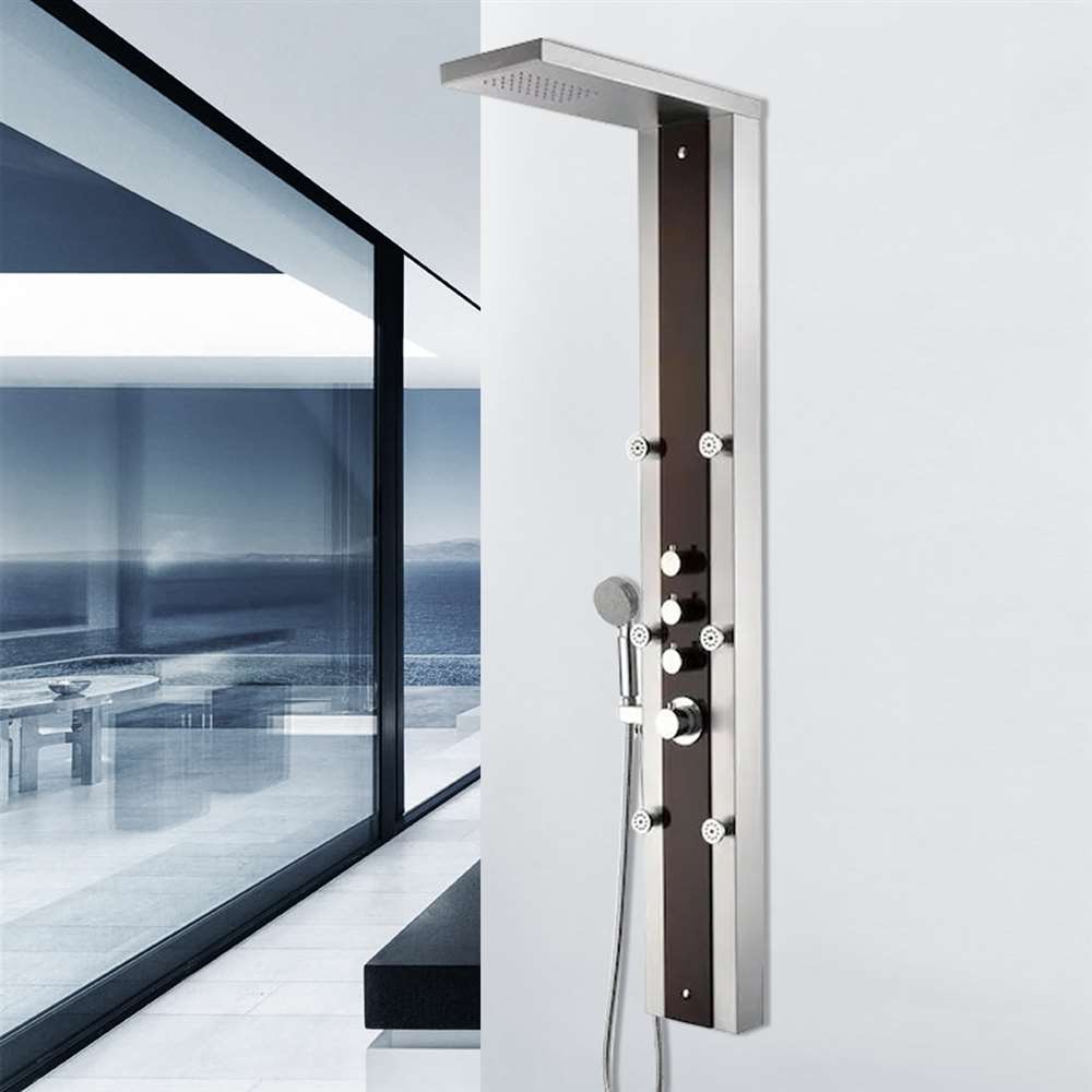 59 Inch Shower Panel System with Heavy Rain Shower and Spray Wand in Mahogany Style Deco-Glass (BST628)