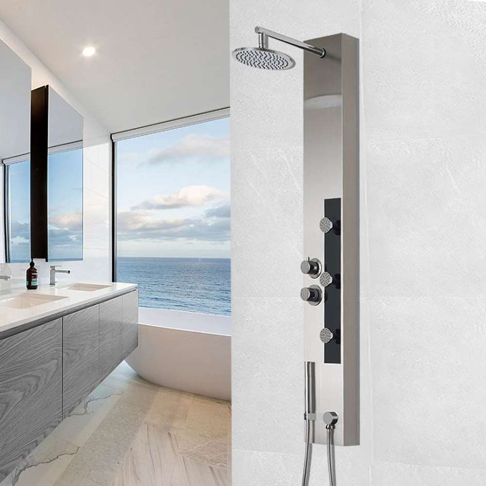 59 Inch Shower Panel with Rain Shower Head and Thermostatic Valve in Stainless Steel (BST637)