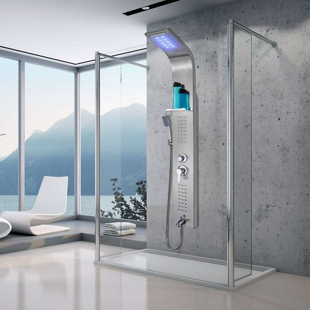 59 inch Shower Panel System in Stainless Steel with Rainfall Waterfall LED Head and Wand (BST638)