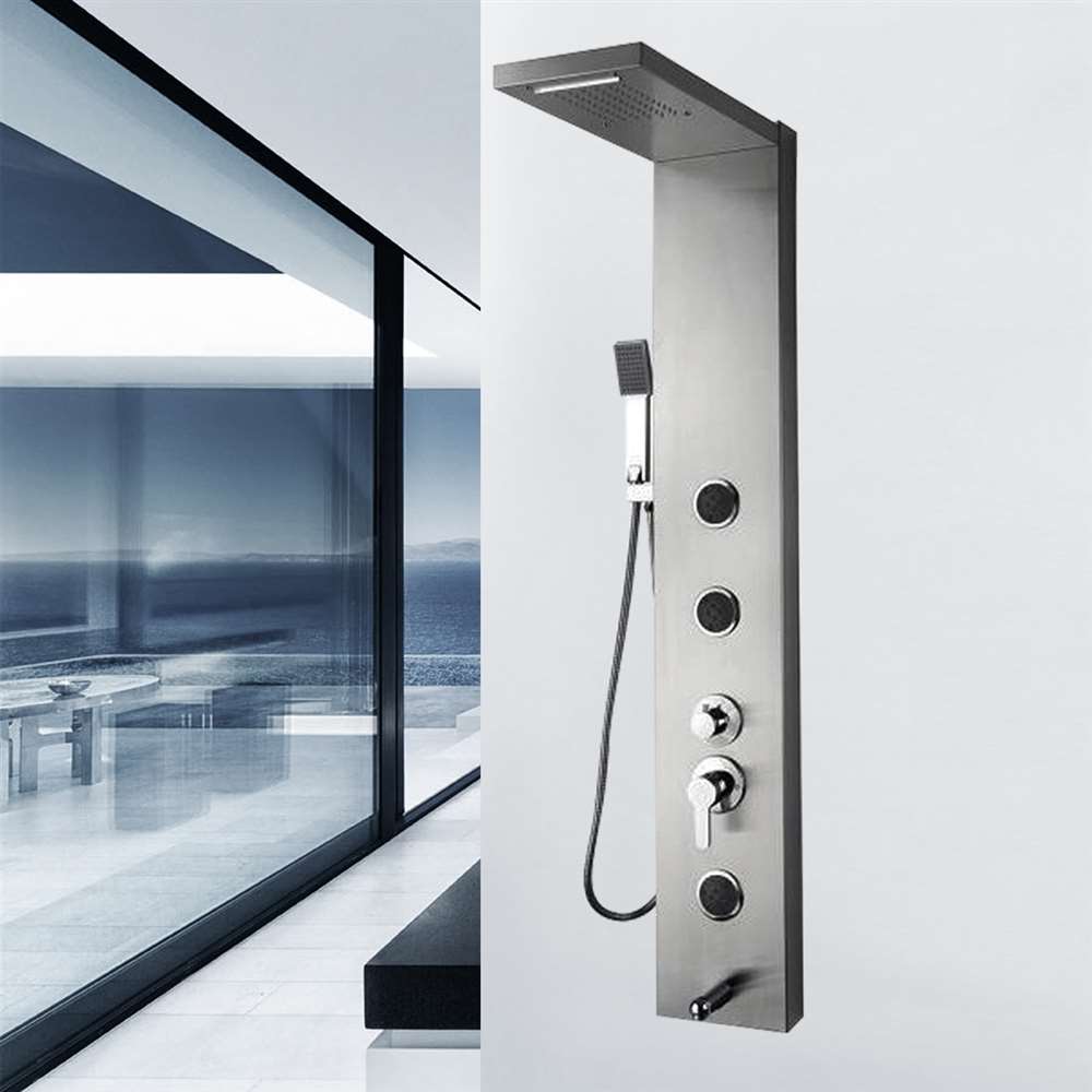 55 inch Shower Panel System in Stainless Steel with Rainfall Waterfall Shower Head and Wand (BST639)