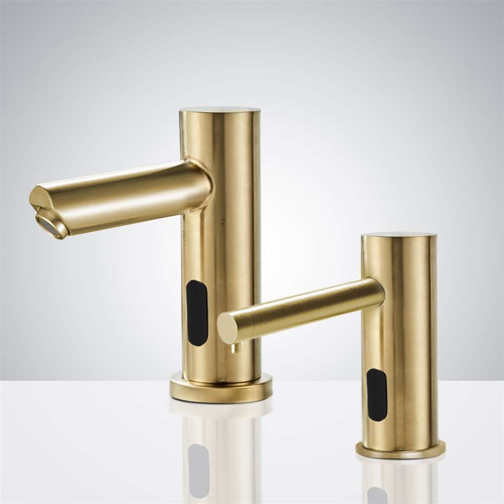 BathSelect Brushed Gold Freestanding Dual Automatic Commercial Sensor Faucet and Soap Dispenser