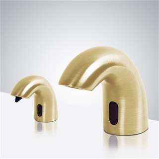 Luna Solid Brass Brushed Gold Finish Deck Mount Dual Commercial Sensor Faucet And Touchless Soap Dispenser Luna Solid Brass Brushed Gold Finish Deck Mount Dual Commercial Sensor Faucet And Touchless Soap Dispenser