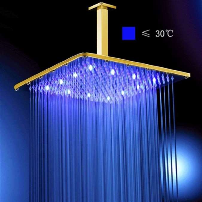 16" Gold Tone Square Color Changing LED Rain Shower Head