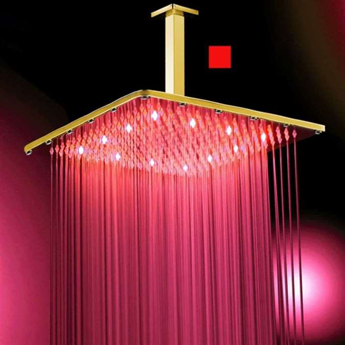 16" Gold Tone Square Color Changing LED Rain Shower Head