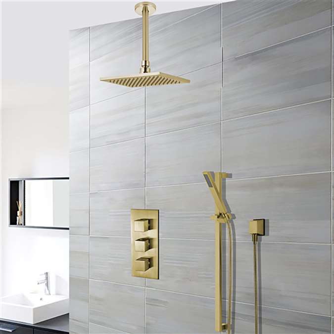 Benete Square Brushed Gold Rain Shower System Faucet Set 2 Outlets Ceiling Head & Handset