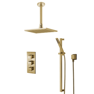 Benete Square Brushed Gold Rain Shower System Faucet Set 2 Outlets Ceiling Head & Handset