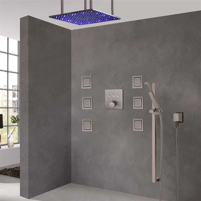 Brushed Nickel Ceiling Mount LED Rainfall Shower Set With Thermostat ...